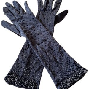 Vintage Gloves 3/4 Black Beaded Stretch Evening Gloves